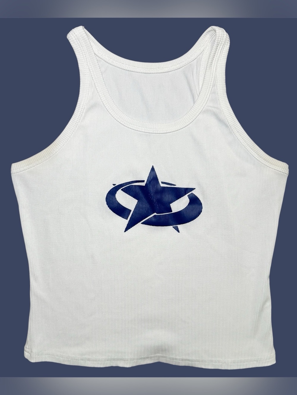 Y2K White Ribbed Tank Top Navy Blue Star Ring Cyber Grunge Graphic Cami Crop